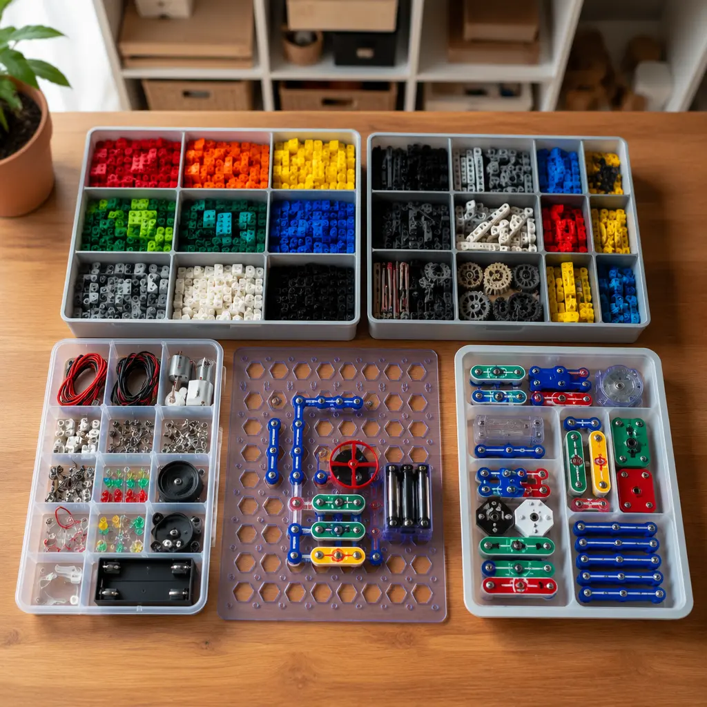Organized storage trays with STEM building and circuit toy pieces