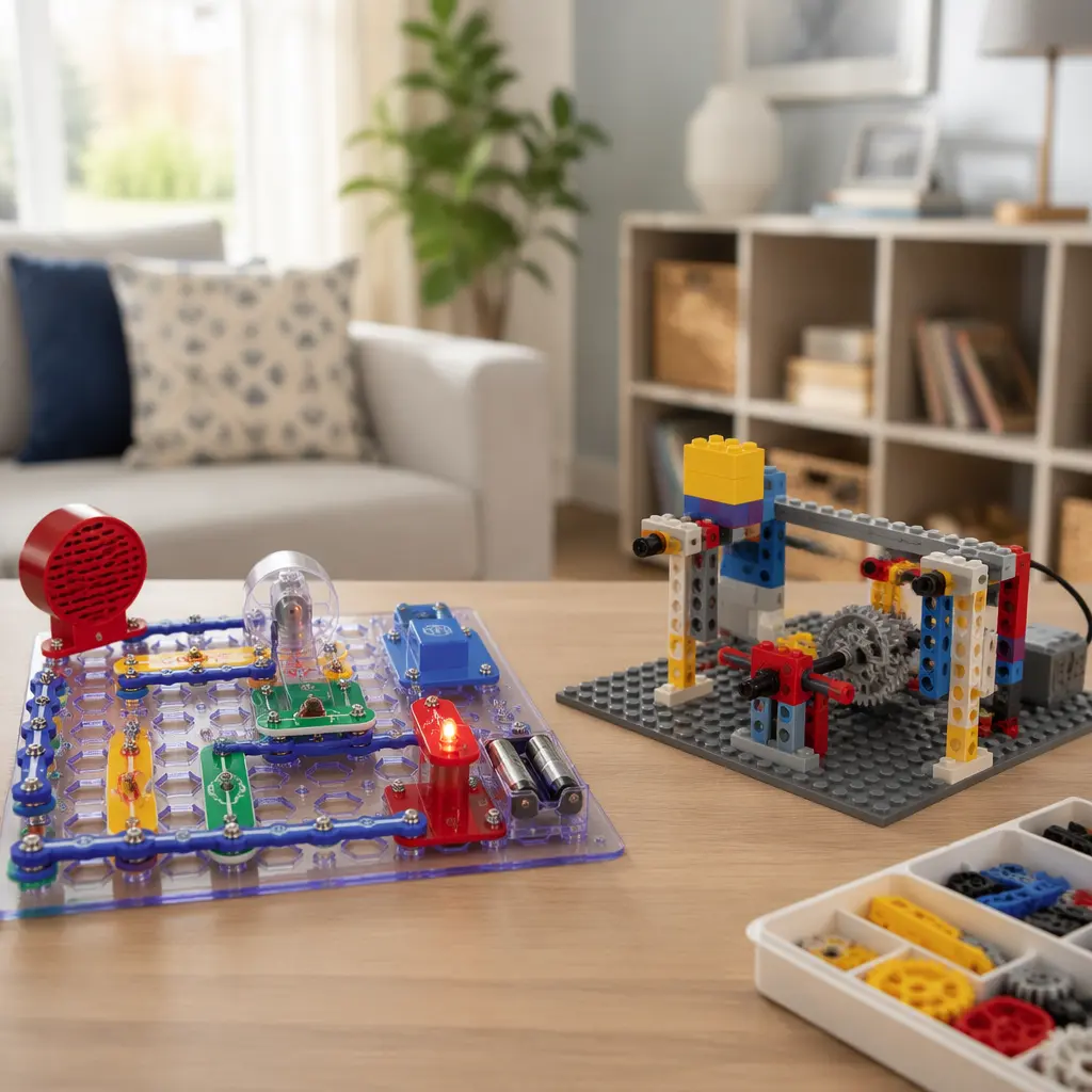 Beginner electronic and brick-based STEM building kits arranged on a family table in natural light