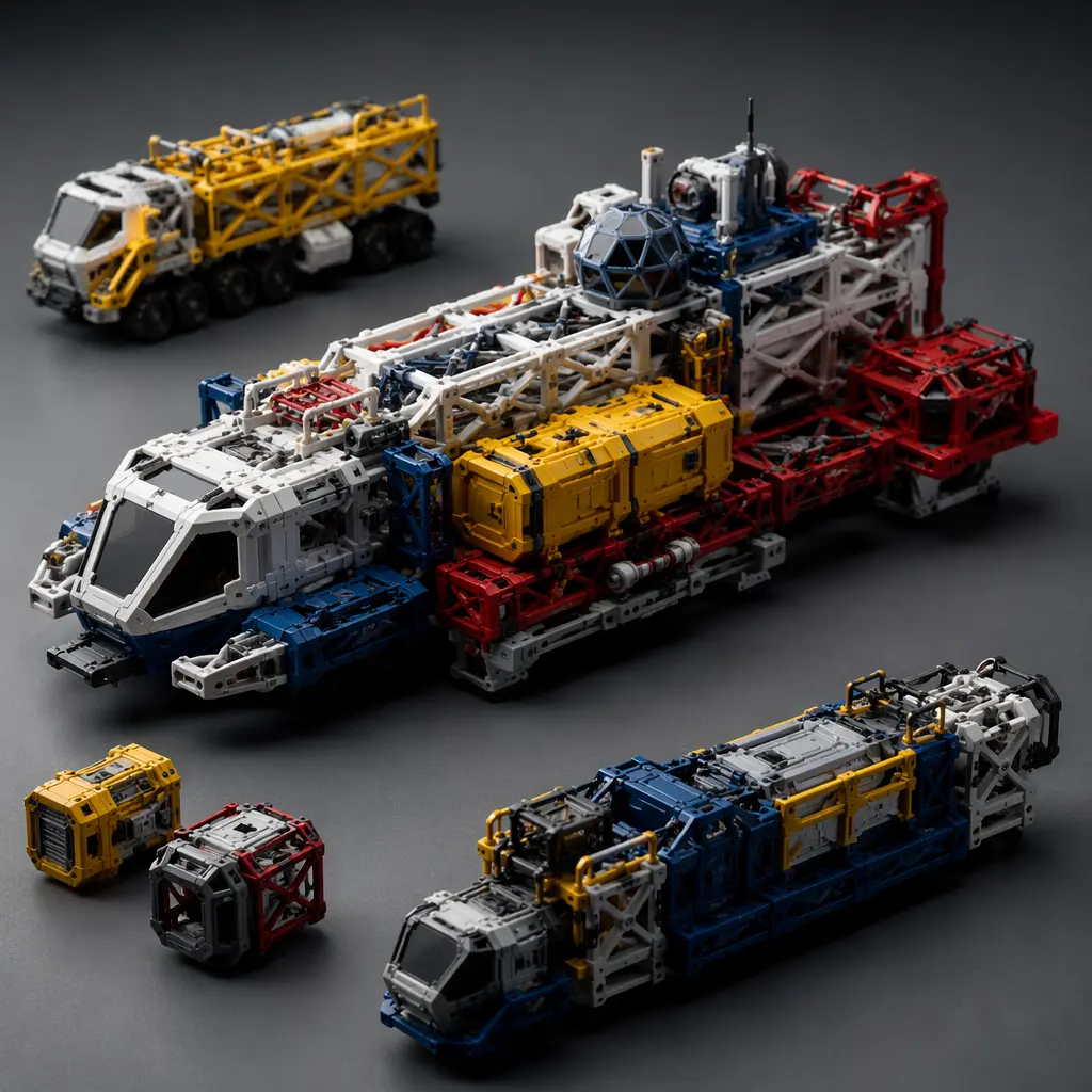 Modular sci-fi construction ships assembled from colorful interlocking toy parts in a studio setting