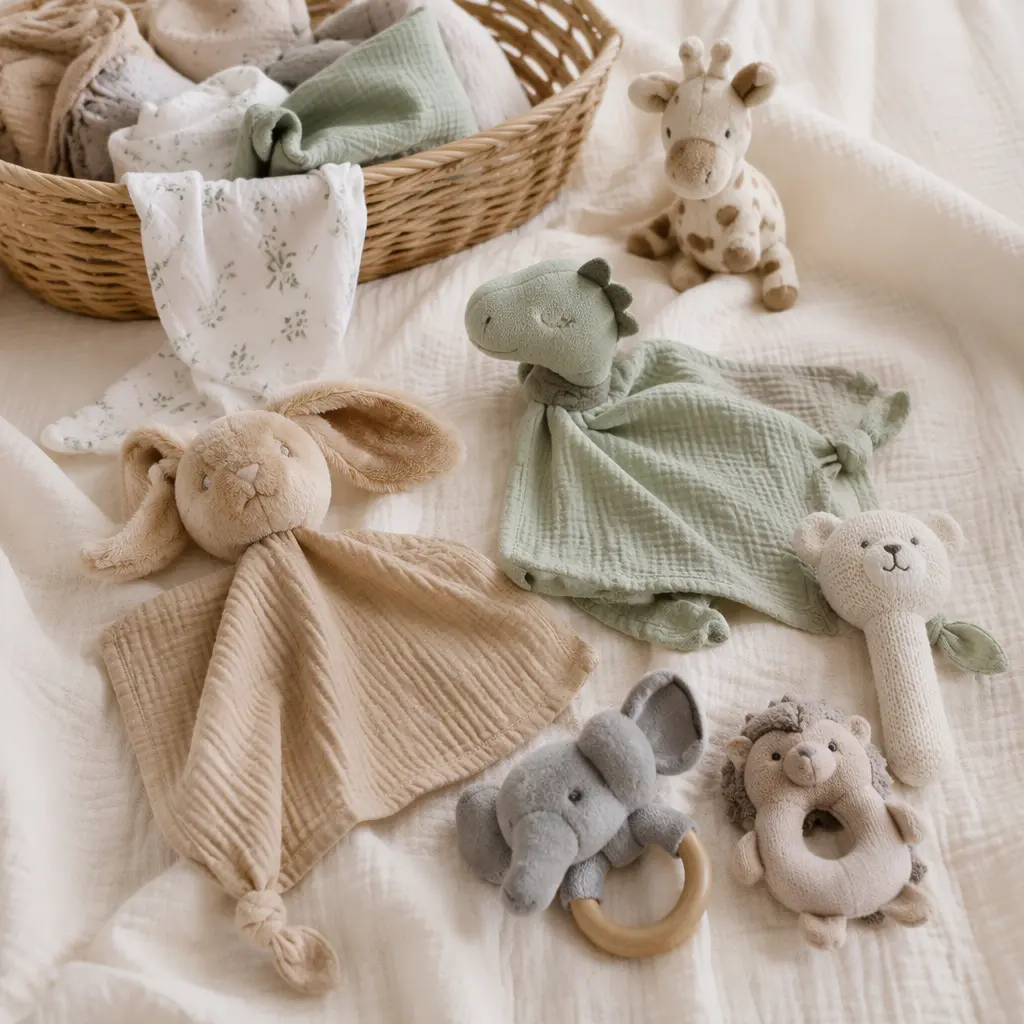 Washable soft baby toys arranged beside a laundry basket