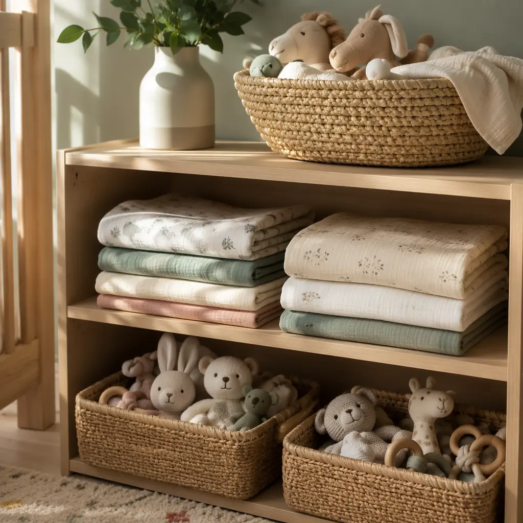 Lightweight soft baby toys stored neatly on nursery shelves