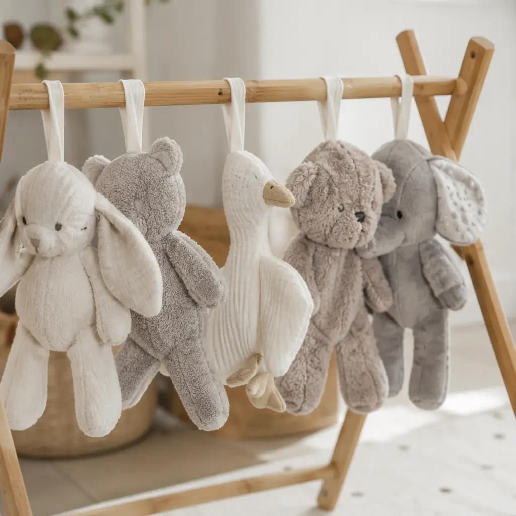 Soft baby toys drying on a rack in a bright nursery