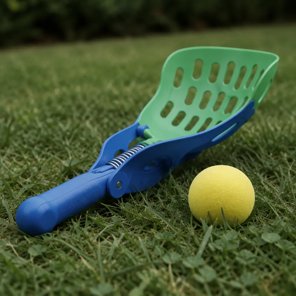 Spring-loaded catch-and-launch toy and foam ball on grass