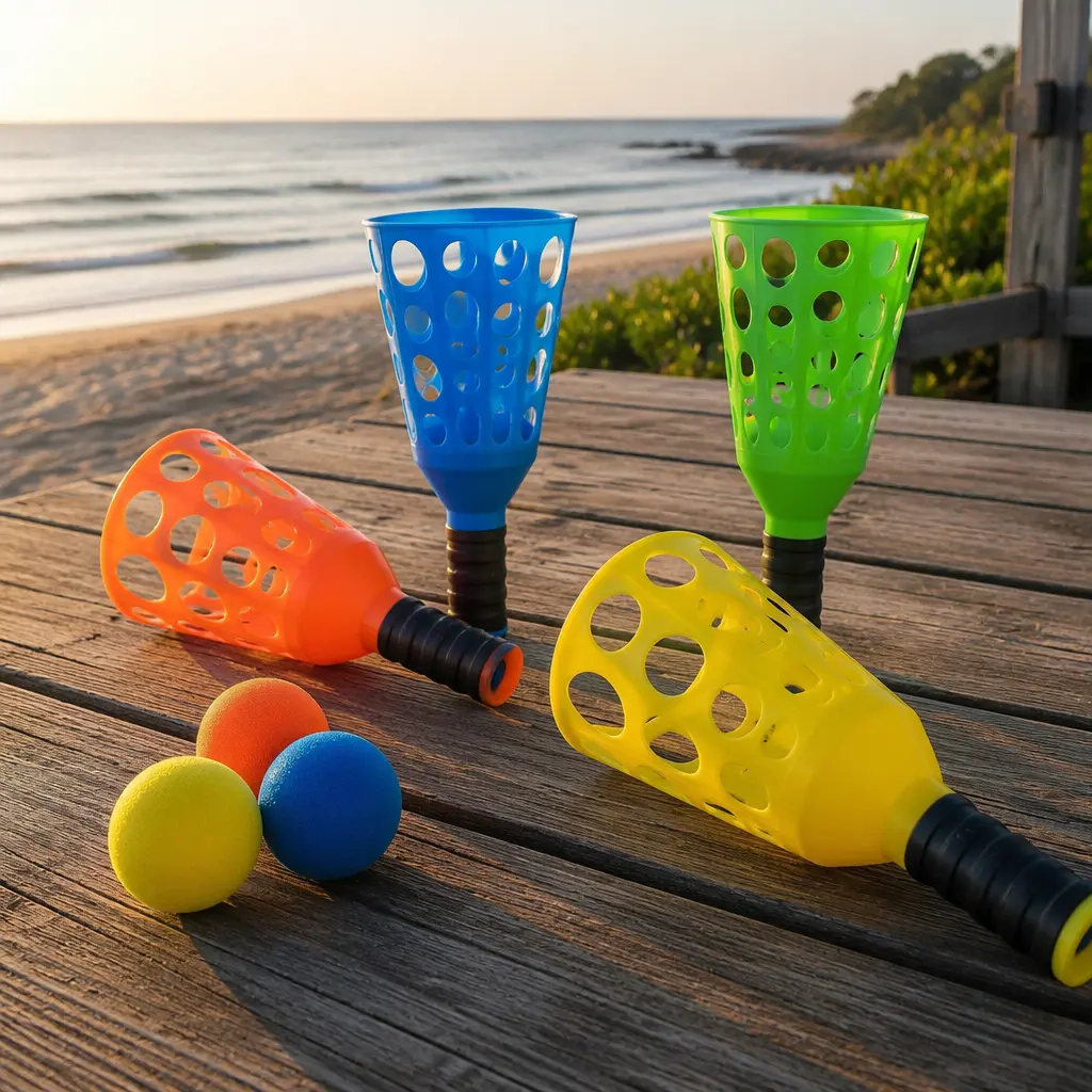 Colorful catch-and-launch toys arranged outdoors near a beach