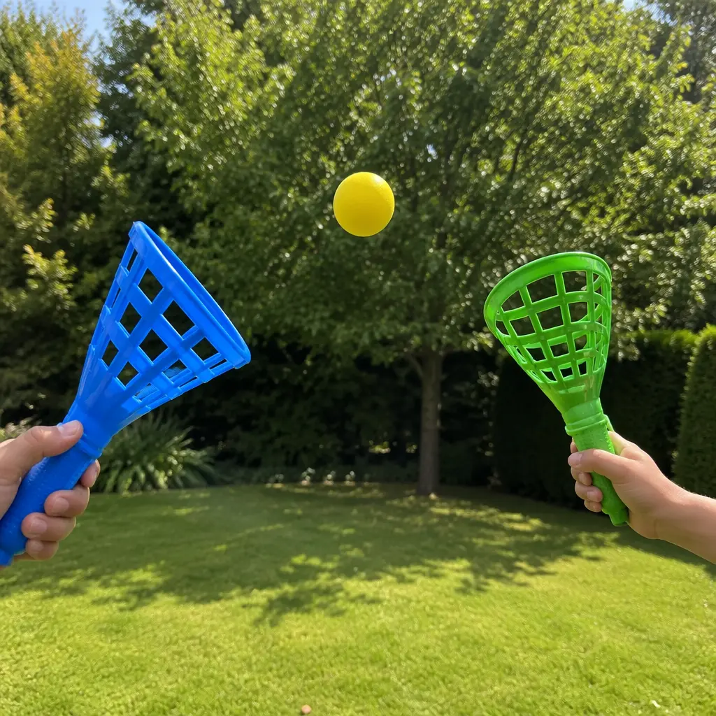 Catch-and-launch scoop toys used in a backyard game with a foam ball in midair