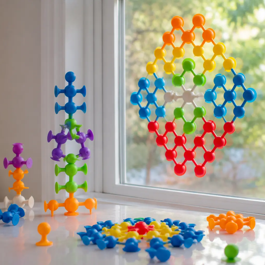 Silicone suction construction pieces attached to glass and a tabletop