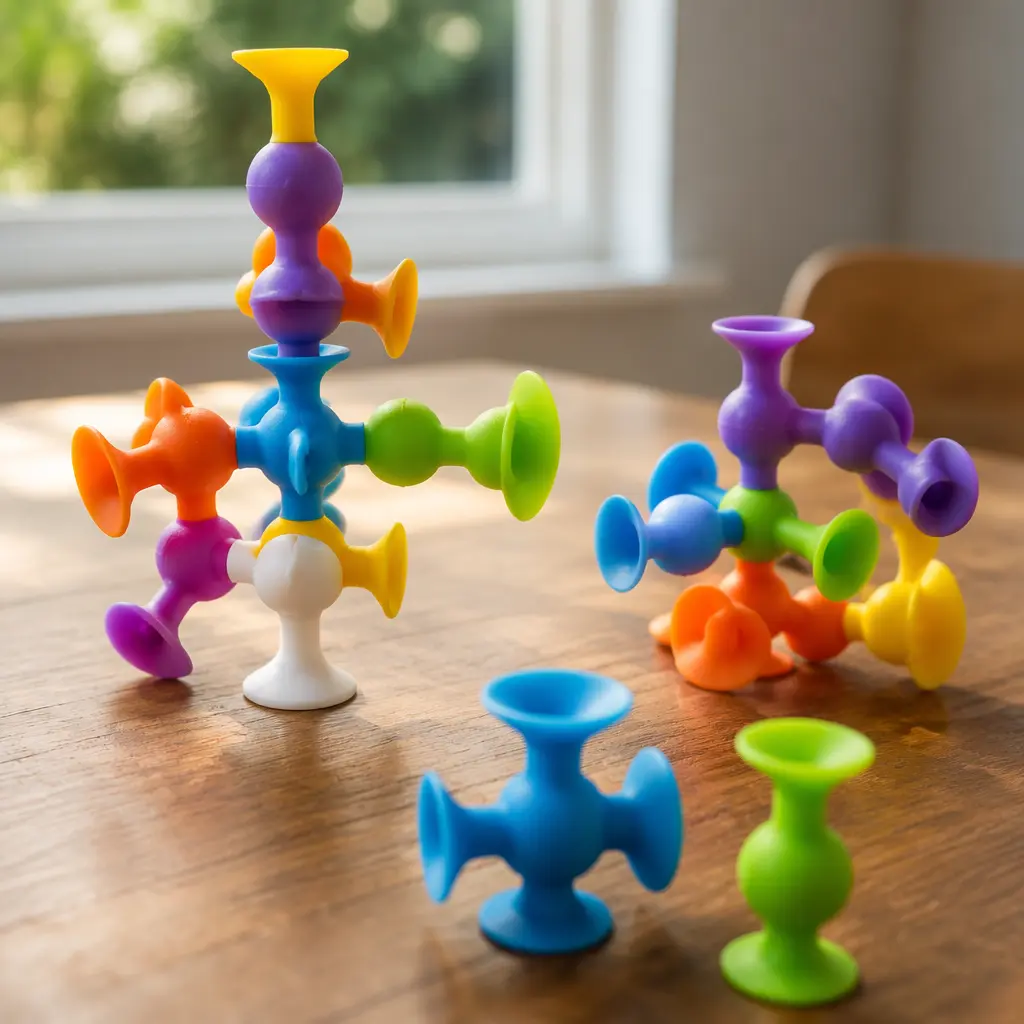 Colorful suction-cup construction toys connected into abstract shapes on a table
