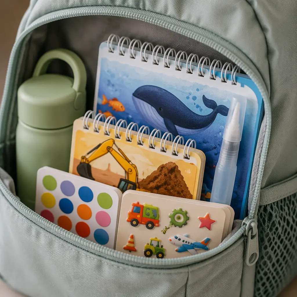 Travel craft activities packed neatly inside a child's backpack