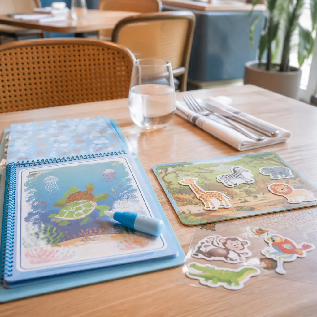 Travel activity books on a restaurant table