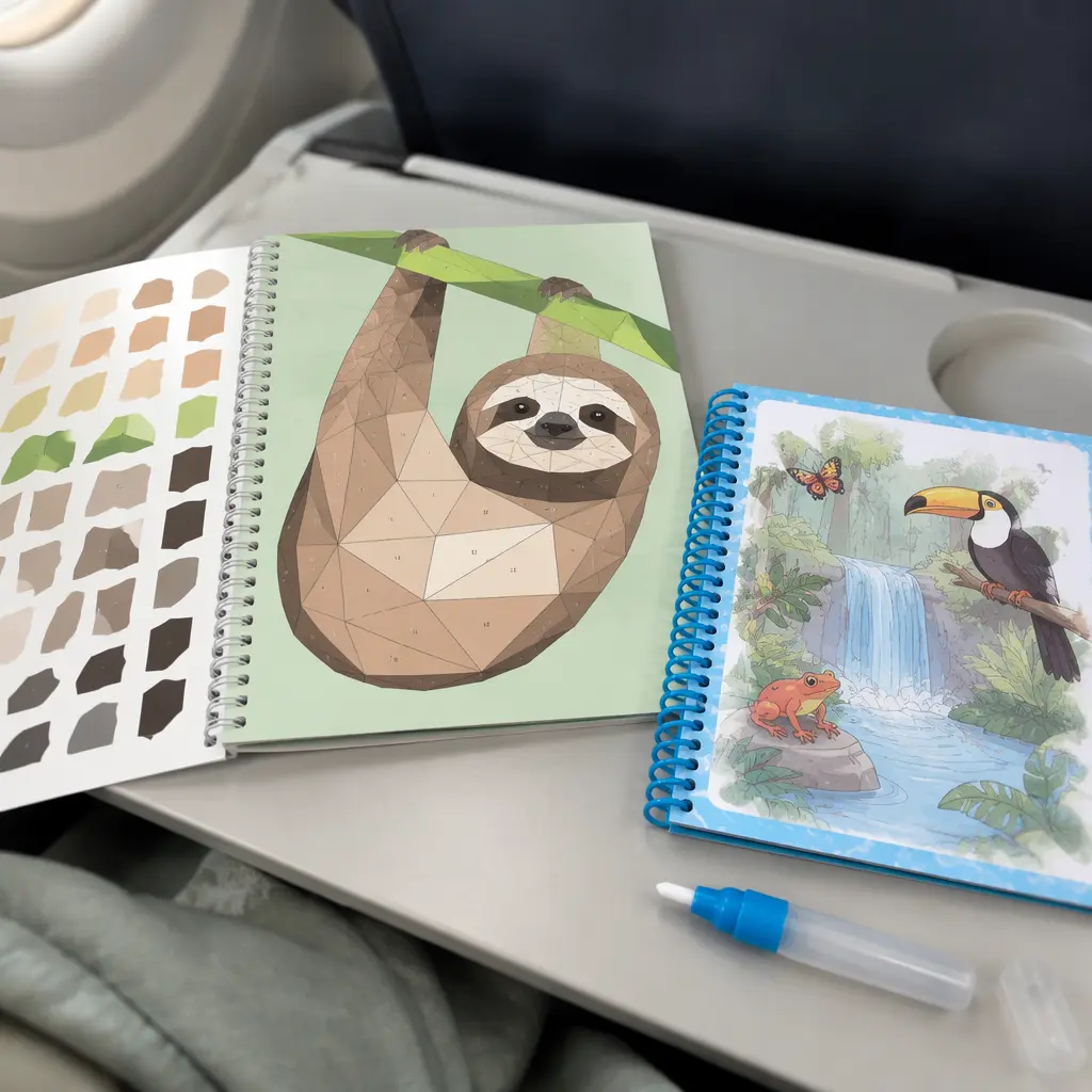 Sticker-by-number and water-reveal travel activities on an airplane tray table