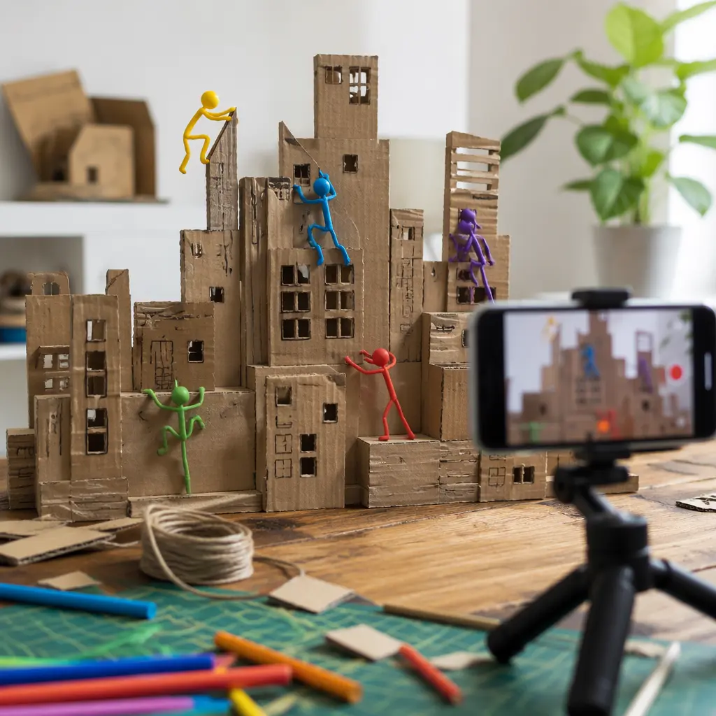 Flexible stick-figure toys posed on a homemade miniature city set for stop-motion animation
