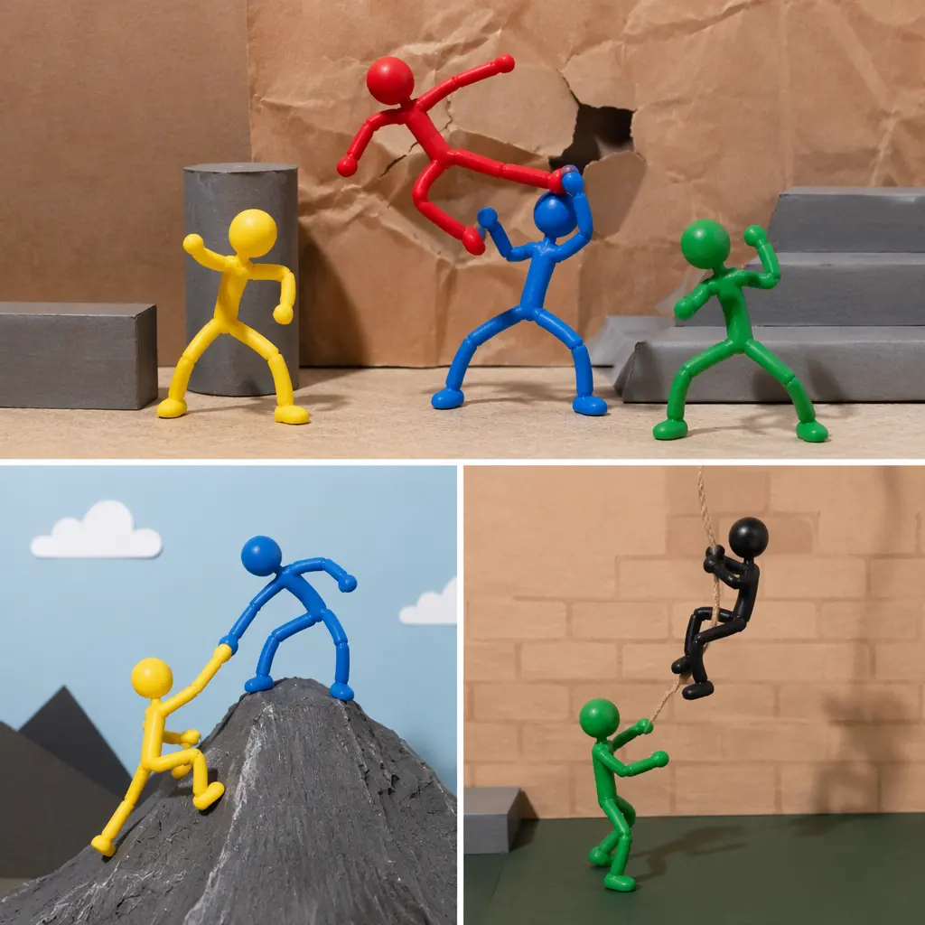 Colorful poseable stick-figure toys staged on handcrafted miniature sets