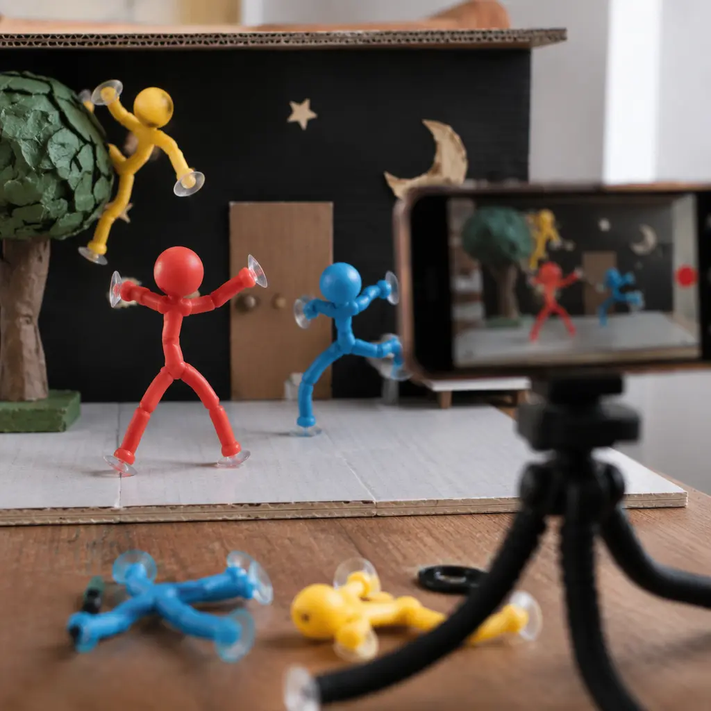 Poseable stick-figure toys arranged on a small stop-motion filming set beside a smartphone camera setup