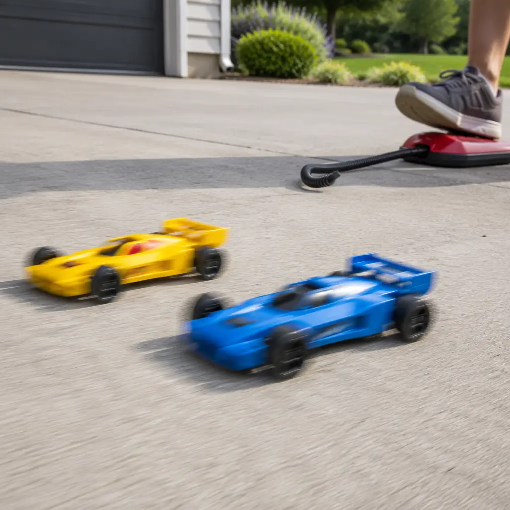 Launcher cars speeding across a driveway after being stomp-launched