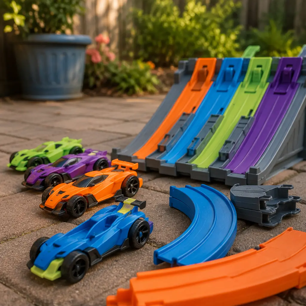 Launcher cars with ramps and track accessories arranged on an outdoor patio
