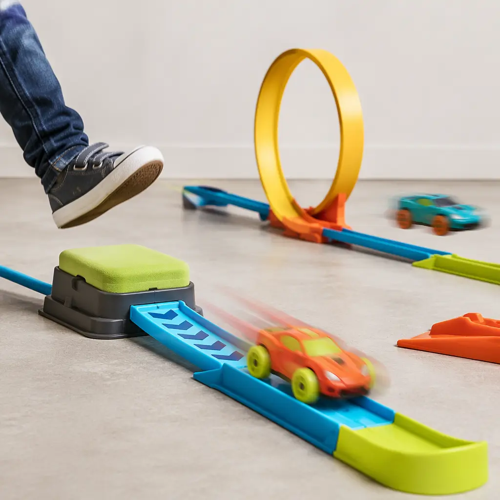 Kid-powered launcher cars with a stomp launcher and track pieces arranged in a studio setting