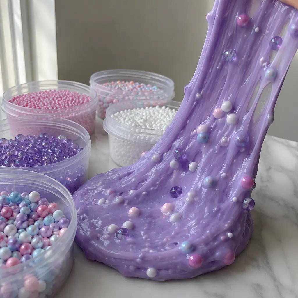 Glossy slime stretched across a tabletop beside colorful texture mix-ins