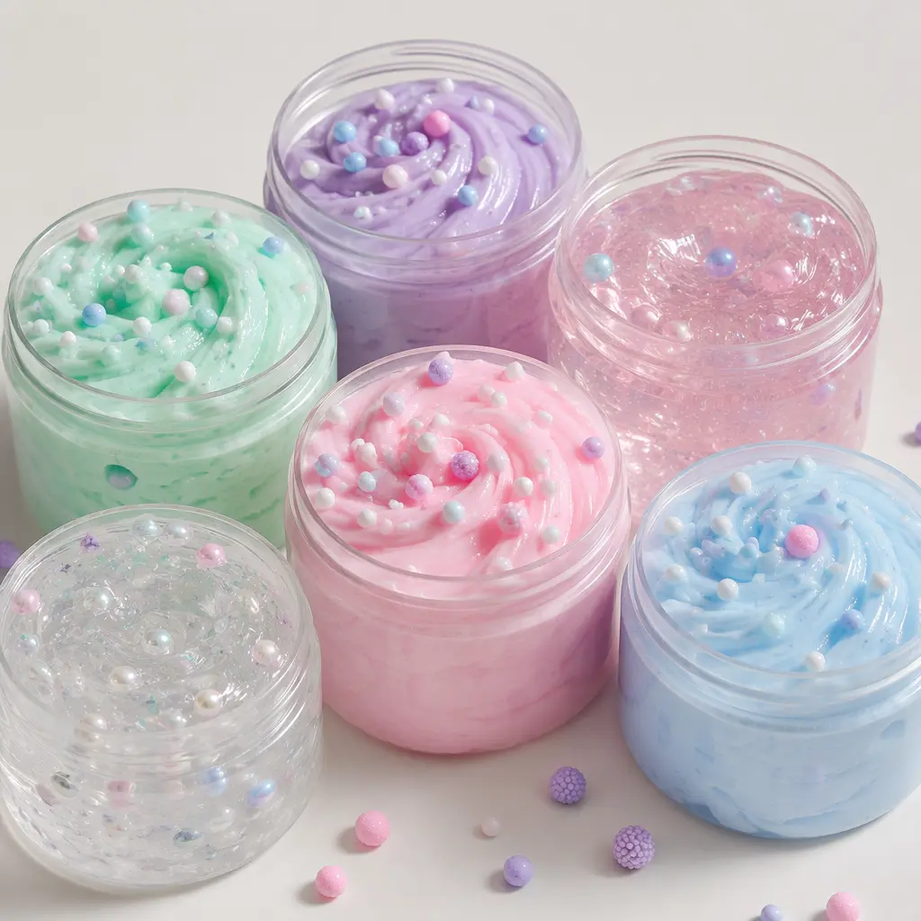 Open jars of pastel and translucent slime with decorative texture mix-ins