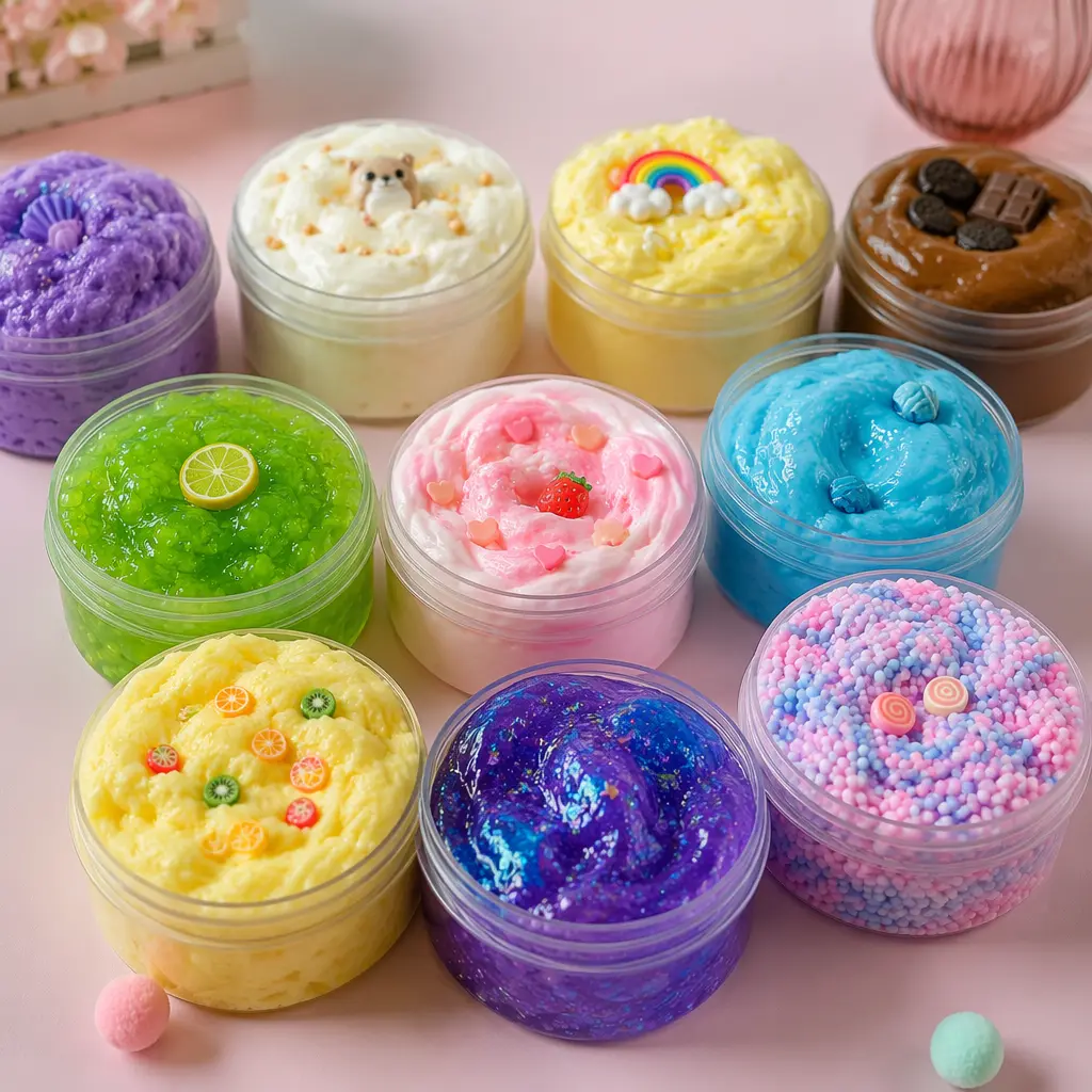 Assorted colorful slime containers with different textures and mix-ins displayed on a pastel surface