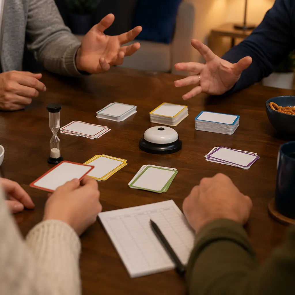 A word-guessing party game setup with cards and a buzzer on a family table.
