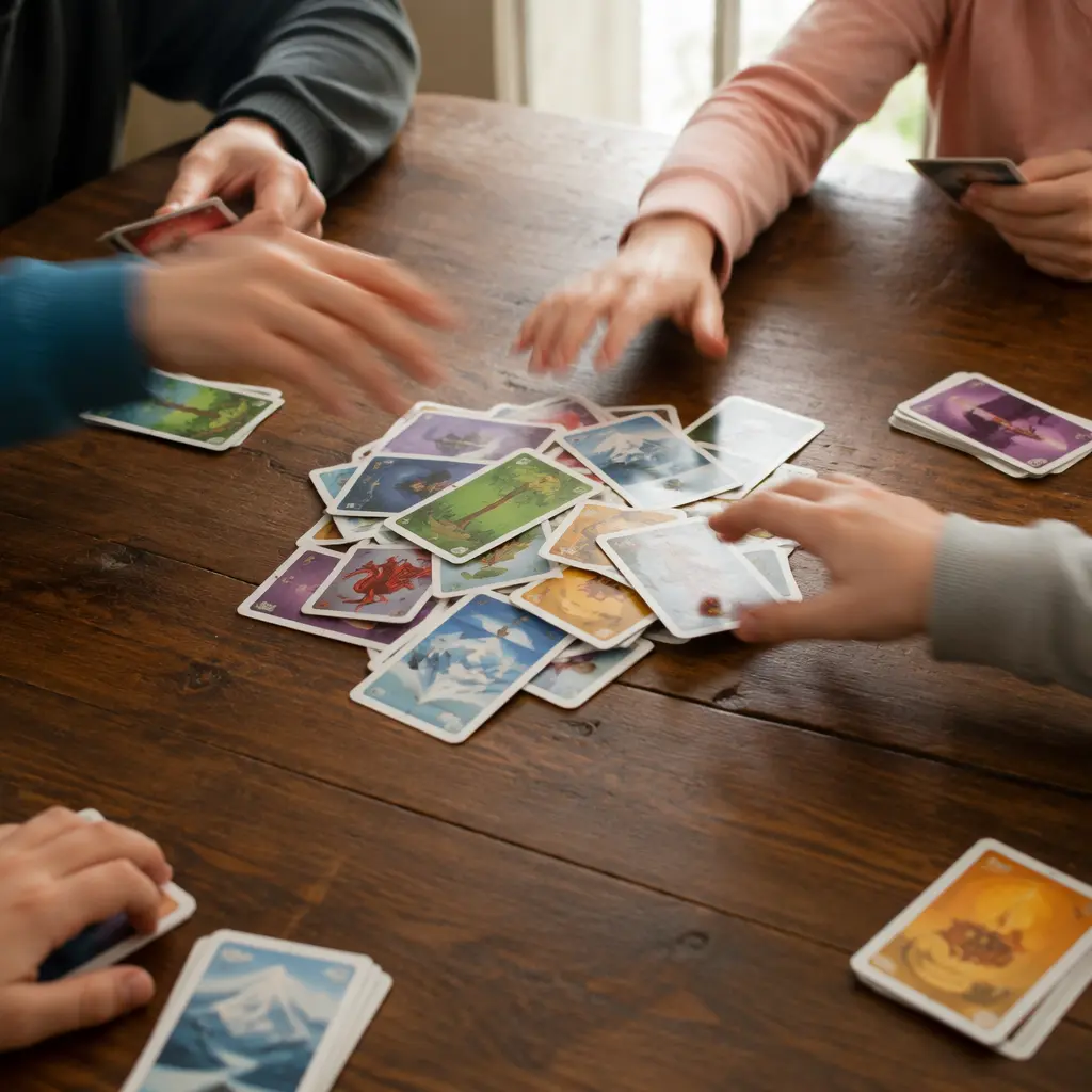 Colorful party card game being played around a dining table