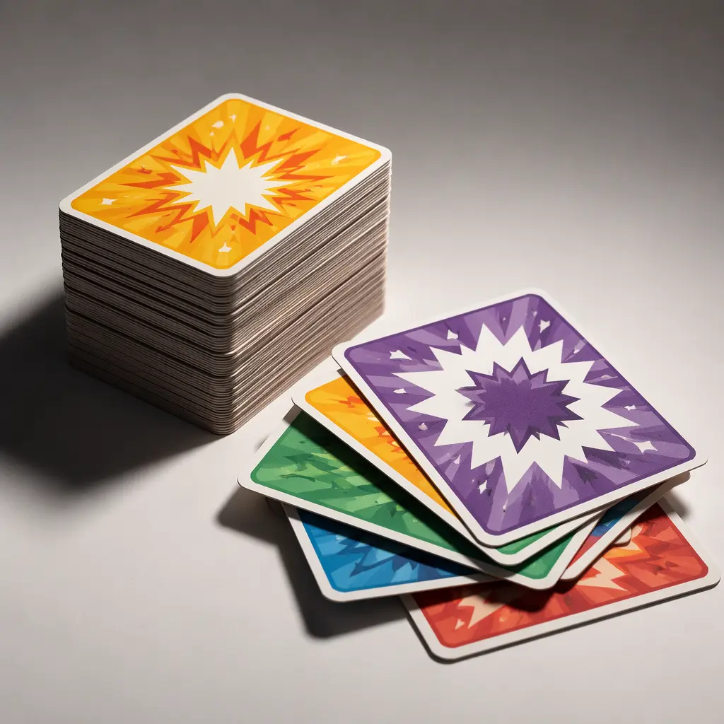 Compact reaction card game with colorful illustrated cards in a studio setting