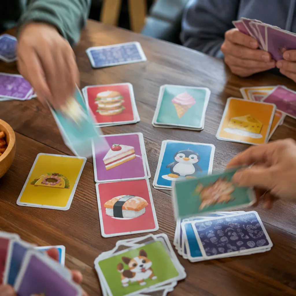 Fast-paced party card game cards spread across a table during an energetic round