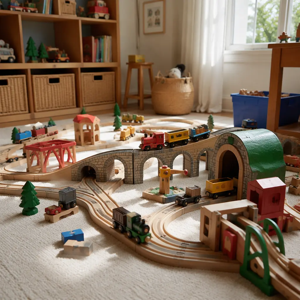 Wooden railway play set spread across a playroom floor with bridges and train cars