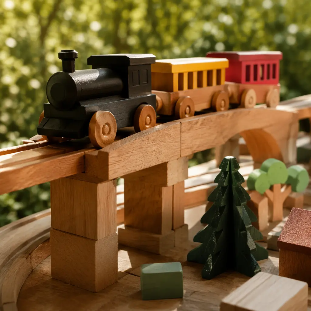 Wooden toy trains crossing a raised bridge on a detailed track layout