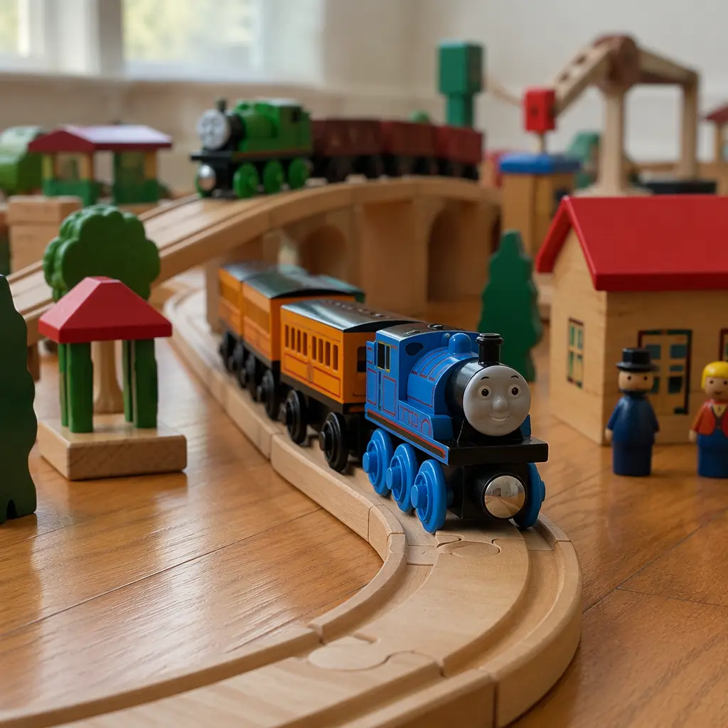 Wooden toy train set arranged on curved tracks across a hardwood floor