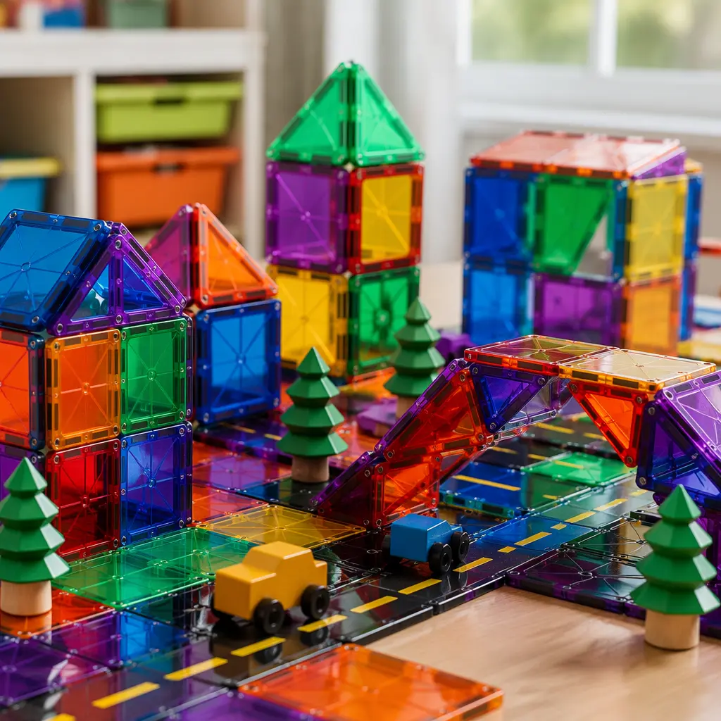 Close-up of magnetic tile buildings and streets arranged as a small town