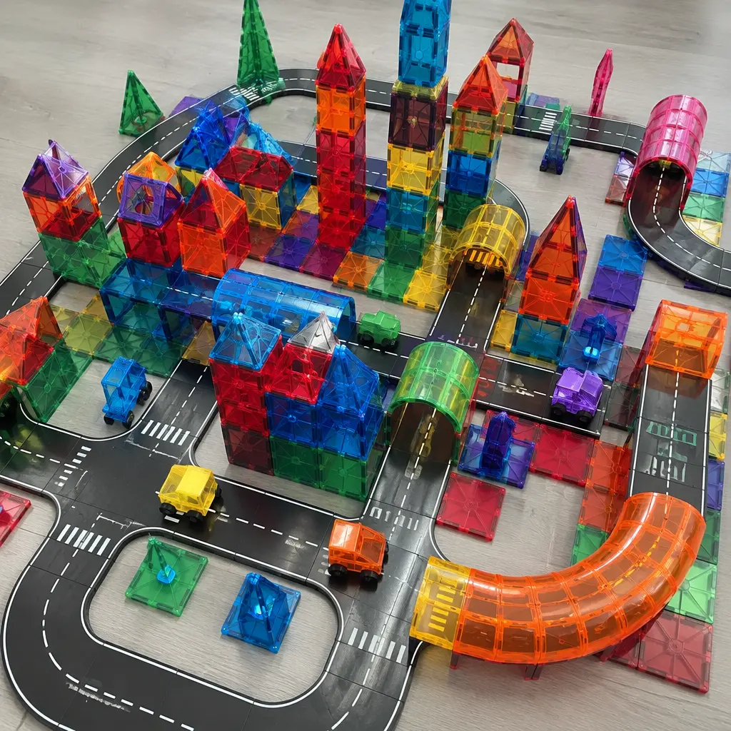 Overhead view of a magnetic tile city with roads and buildings