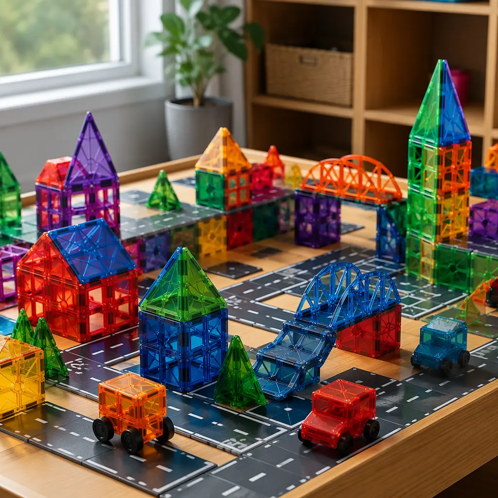 Magnetic tiles assembled into a miniature town with buildings and roads on a play table