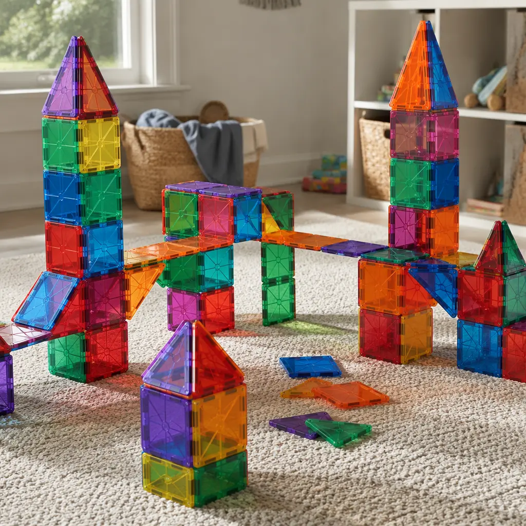Magnetic tile bridges and towers spread across a playroom floor