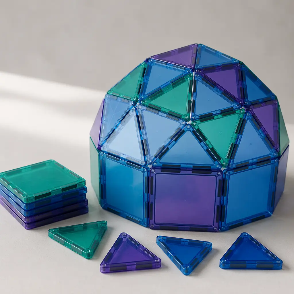 Geometric dome built from translucent magnetic construction tiles