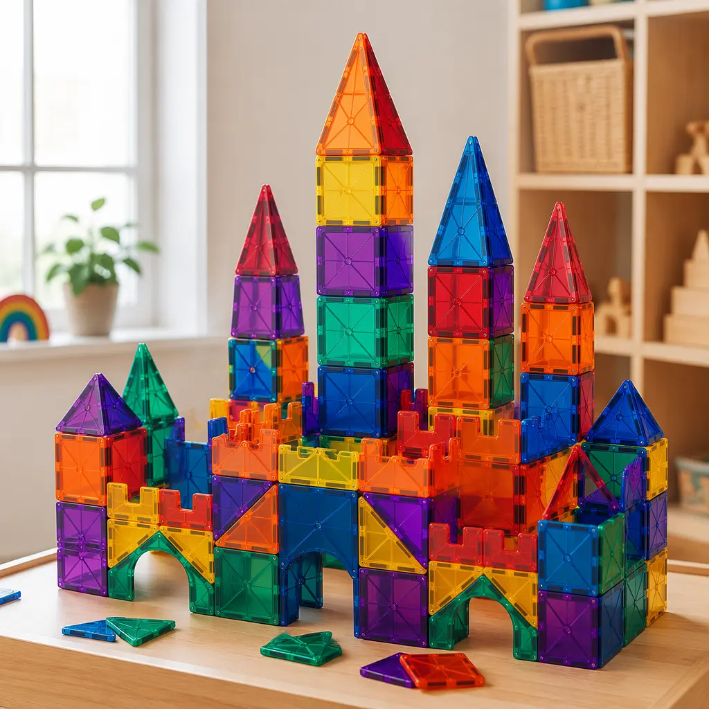 Large colorful magnetic tile structure built on a wooden play table