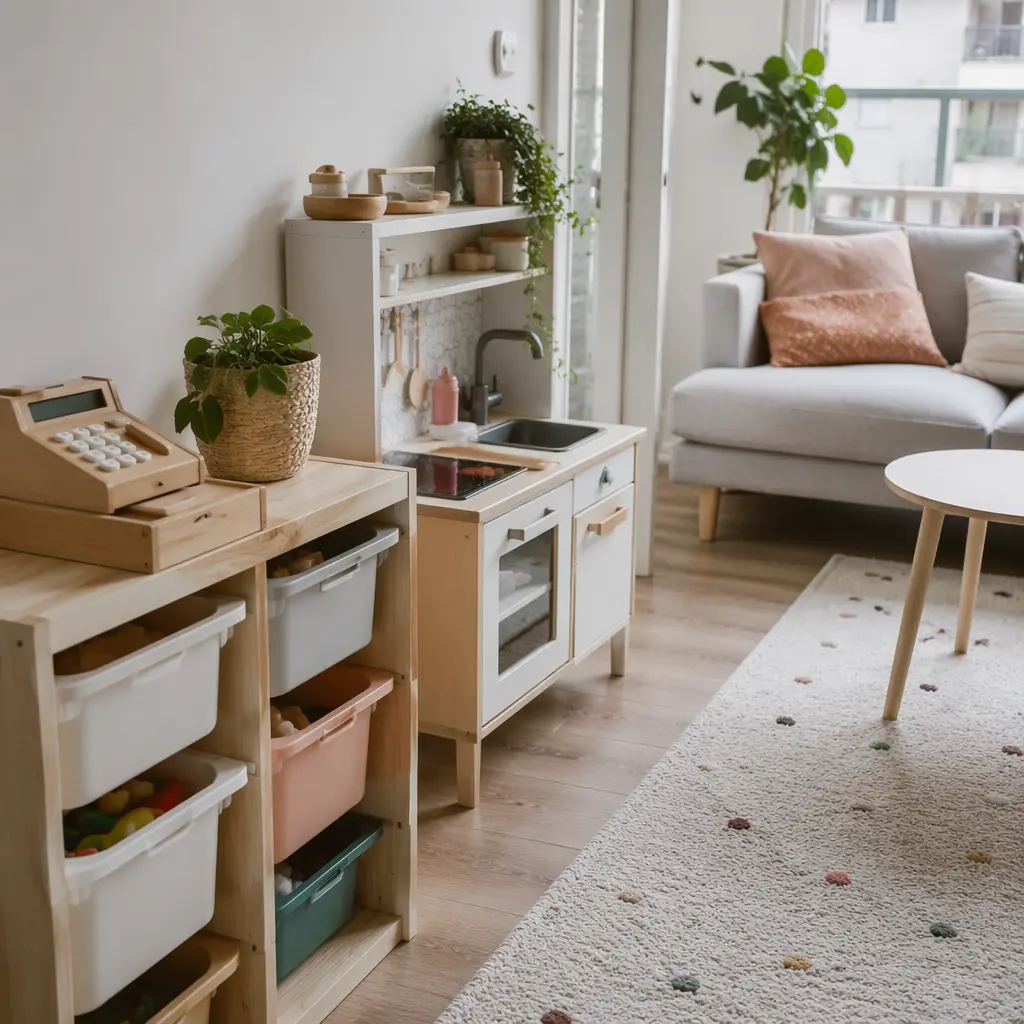 Compact pretend play toys arranged neatly in a small living room