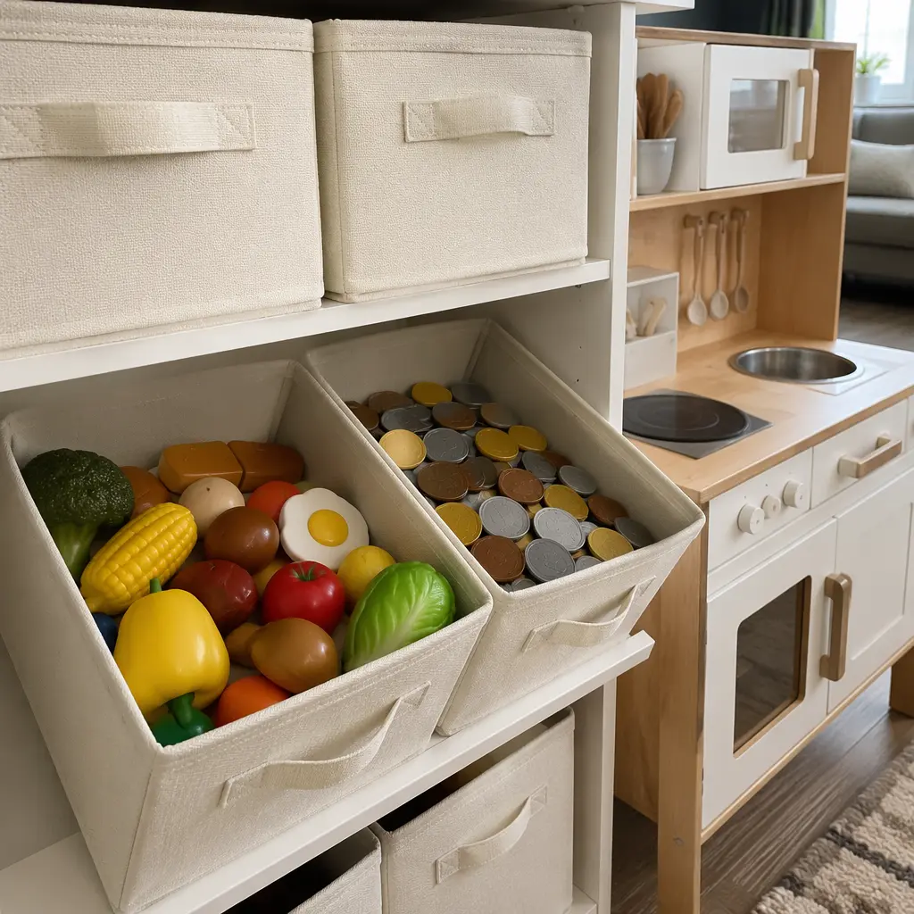 Organized storage for pretend play accessories in a compact home