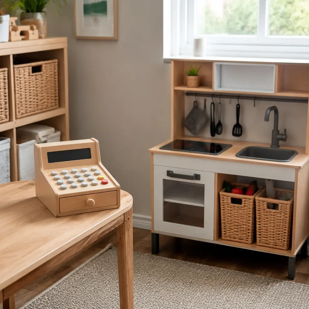 Compact toy cash register and small play kitchen arranged in a small apartment play area