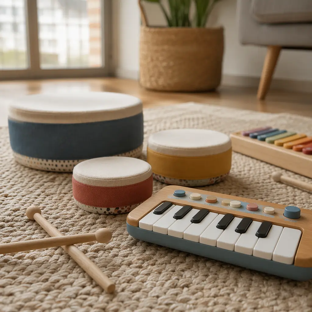 Preschool music toys arranged on a rug in soft natural light