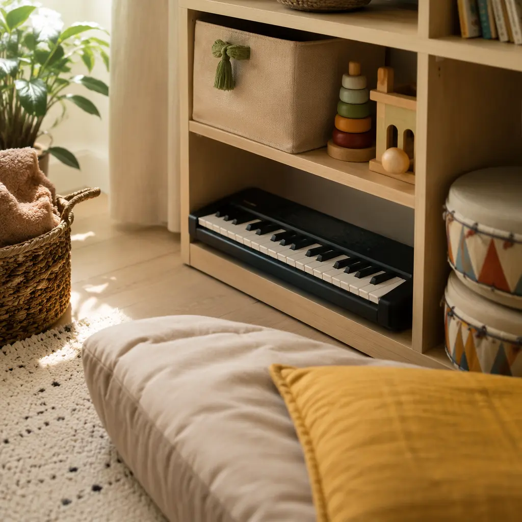 Compact children's keyboard and padded drums stored neatly in a small family room