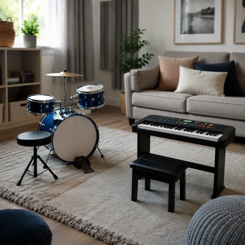 Toy drum set and children's keyboard in a quiet family living room
