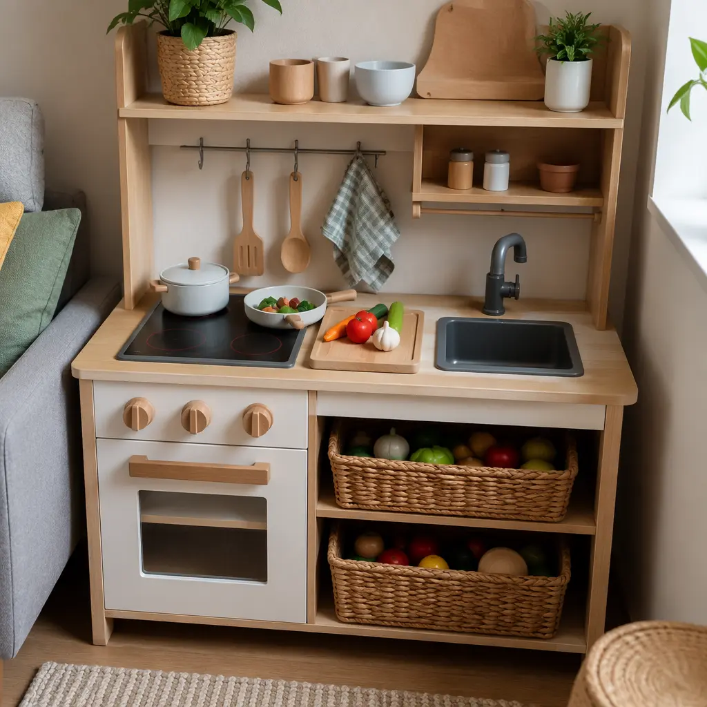 Small wooden toy kitchen with organized accessories in a compact play space