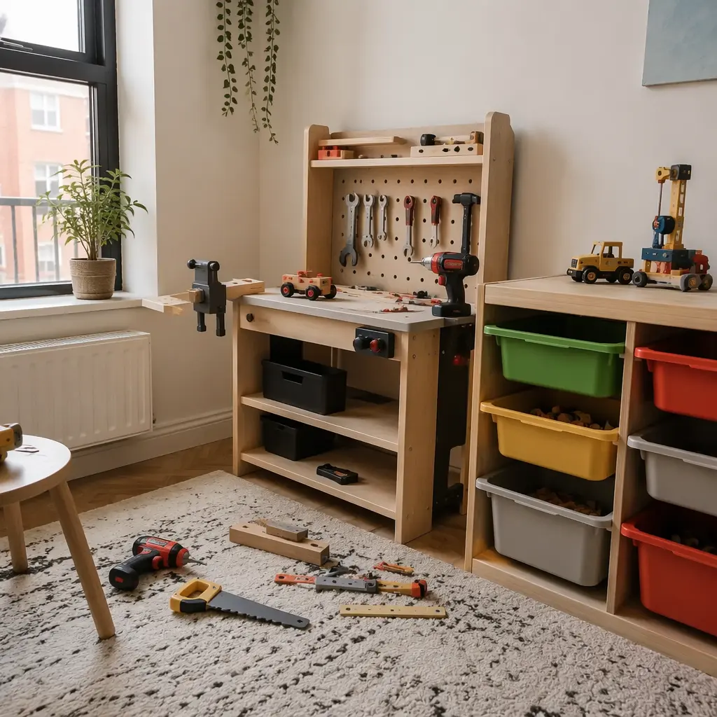 Compact toy tool bench with organized storage in a shared playroom