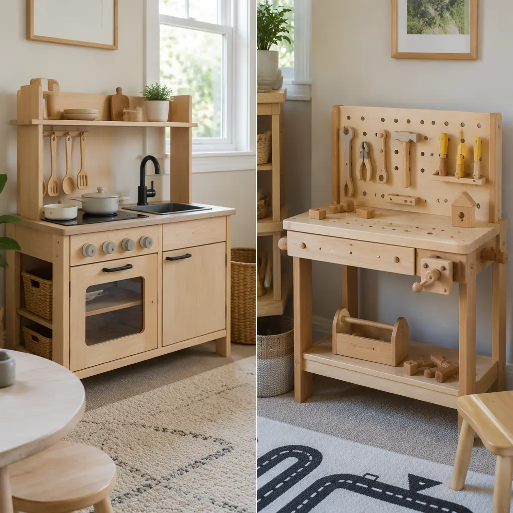 Compact playroom with a toy kitchen and toy tool bench side by side