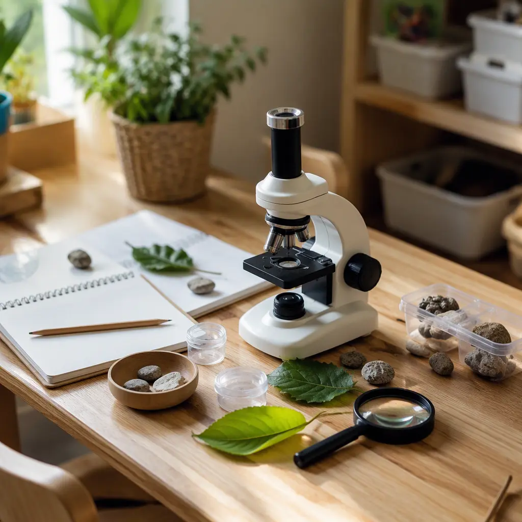 Toy microscope arranged with leaves and rocks for a child's nature activity