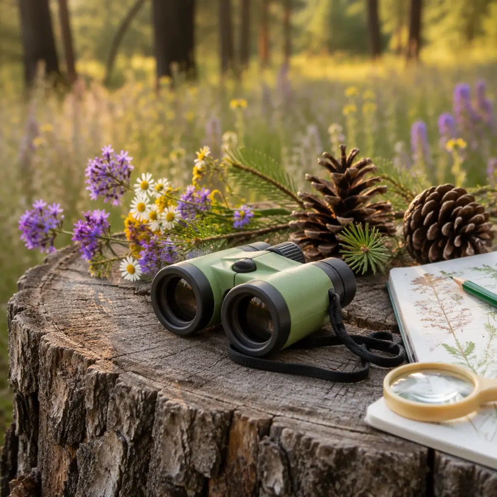 Children's binoculars outdoors beside natural objects in soft evening light