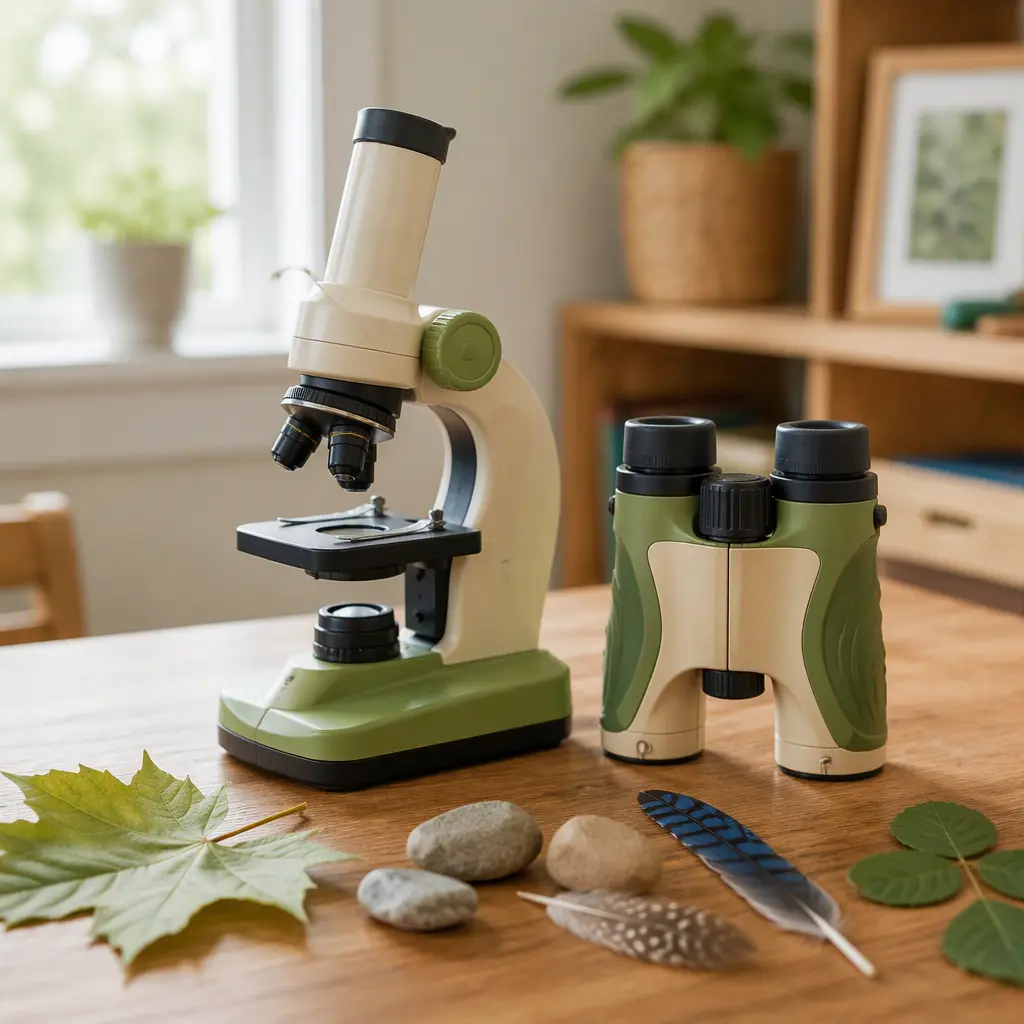 Toy microscope and children's binoculars displayed with nature objects on a table in soft natural light