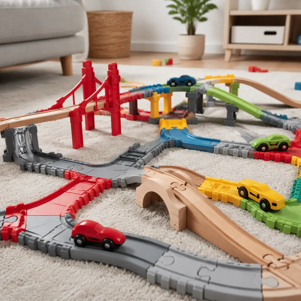 Close-up of toy train tracks and toy car tracks arranged on a carpet
