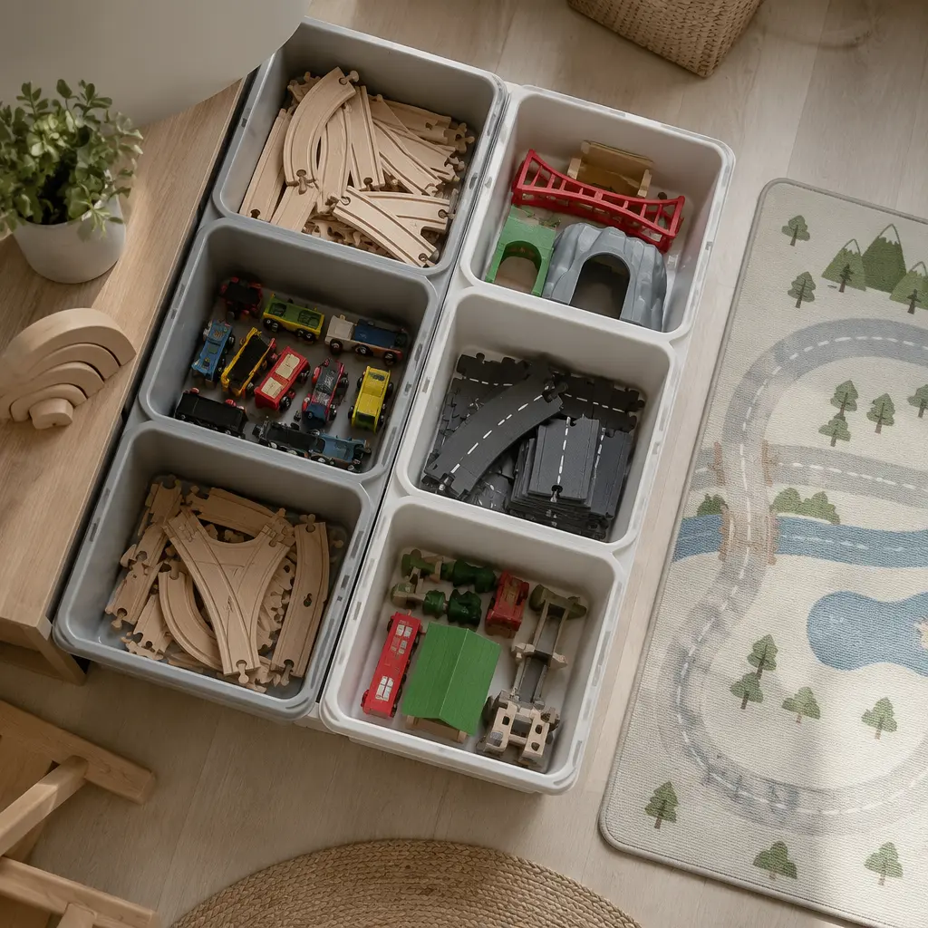 Organized storage bins holding train set and car track pieces